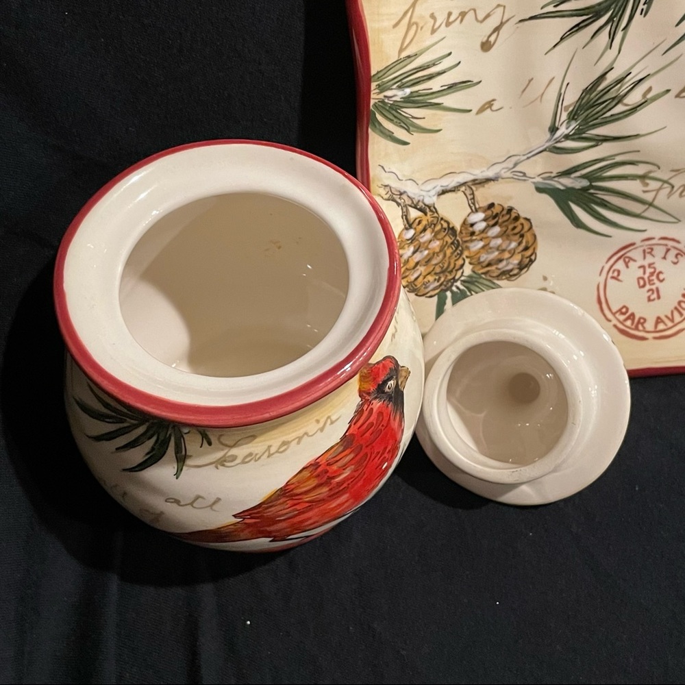 Maxcera “Warm Wishes” Plate/Creamer/Sugar Bowl Set - Seasons Greetings Cardinals - Picture 15 of 16